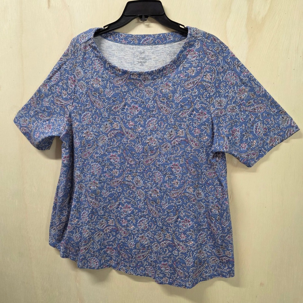 J. Jill Pima Slub Elbow Sleeve Tee Paisley Floral Blue XL Petite 100% Cotton